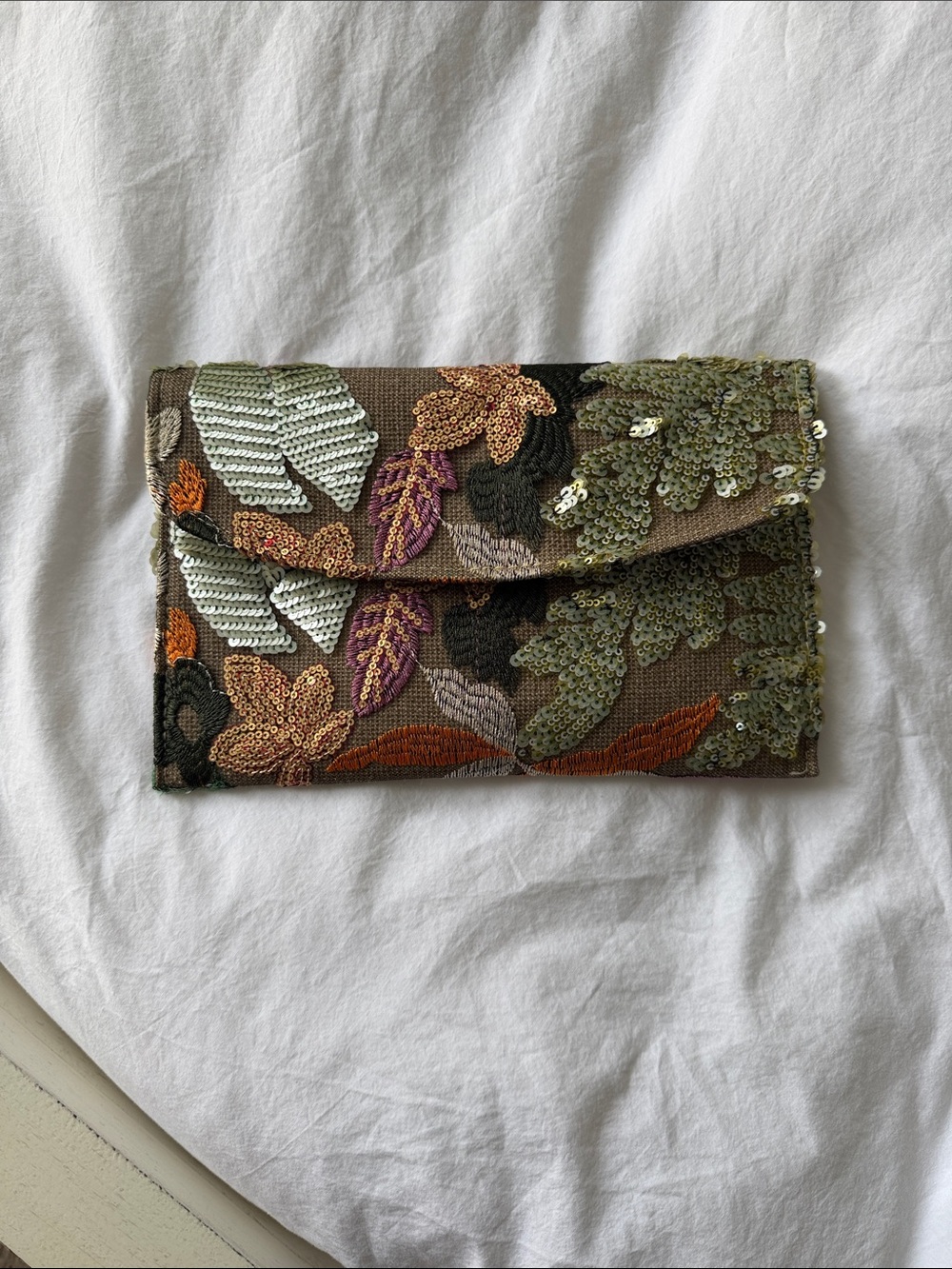 Embroidered Leaf Sequin Envelope Clutch - Olive Multi
